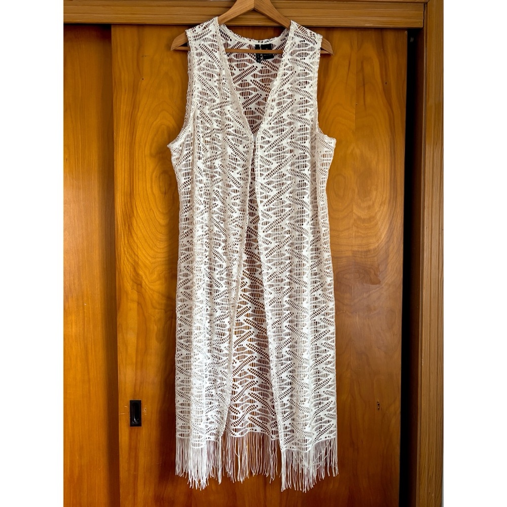 Women’s Kimono Duster 1X Cream Open Knit Boho Festival Cover Up Fringe Beach